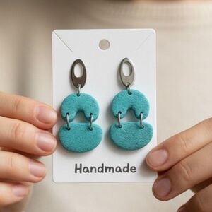 Handmade Blue Textured Large Dangle Polymer Clay Earrings Stainless Steel Posts